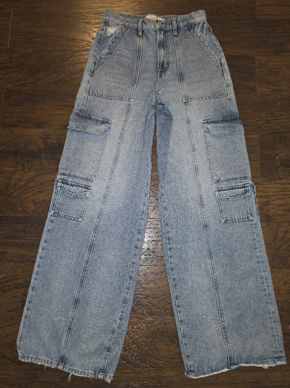 Hidden Los Angeles 100% Cotton Wide Leg Cargo Denim Pants in Light Blue